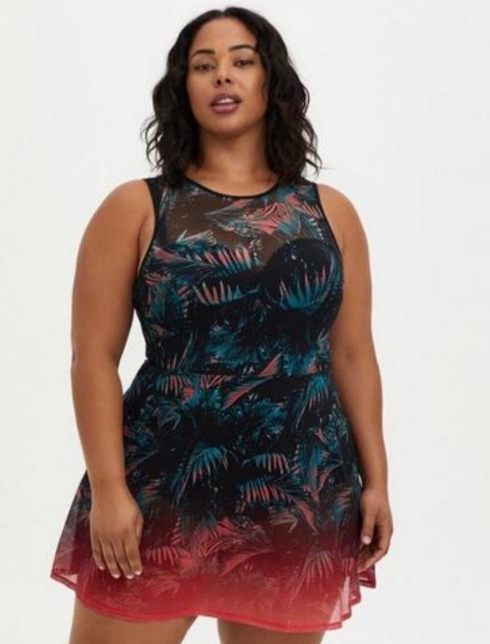 Torrid Underwire Tropical Palm Mesh Overlay One Piece Swim Dress Size 2/2X DD/F